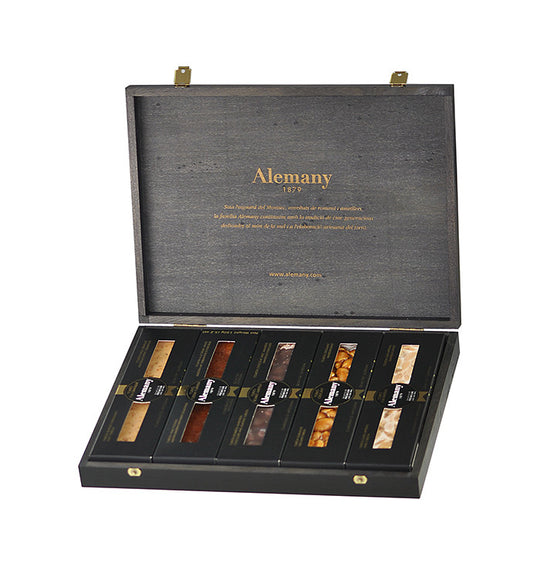 1 Caja de madera con 5 tabletas de turrón 150 gr - Alemany