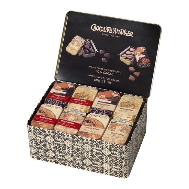 Caja metálica con 40 latas de hojas finas de chocolate 40x30 gr - Xocolates Amatller