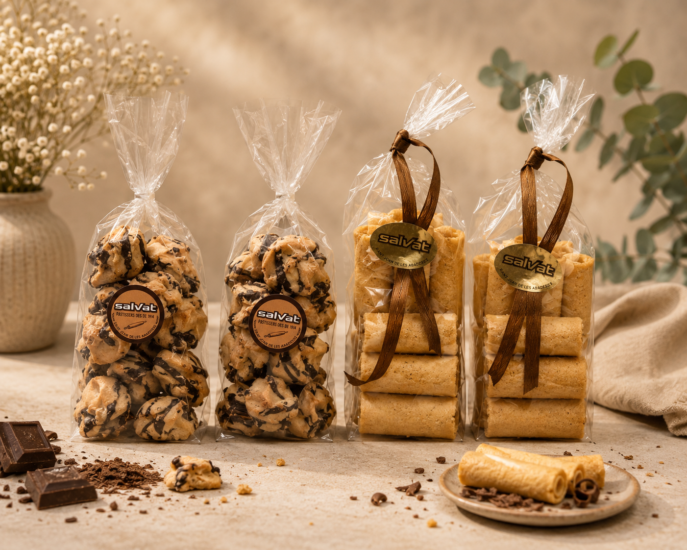 Lote de 2 Rollitos de chocolate y 2 gentils de praliné - pasteleria Can Salvat