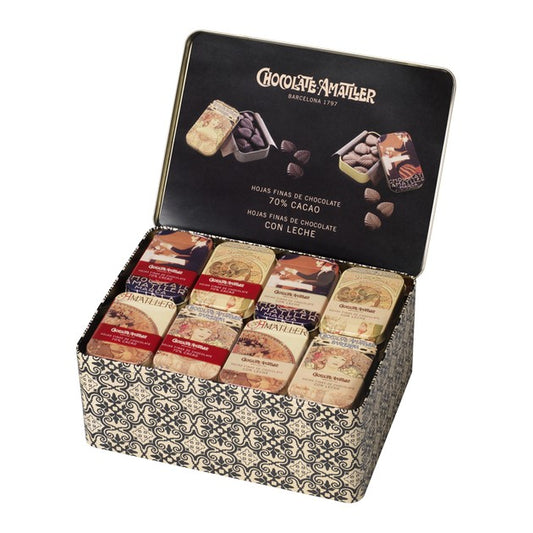 Caja metálica con 40 latas de hojas finas de chocolate 40x30 gr - Xocolates Amatller