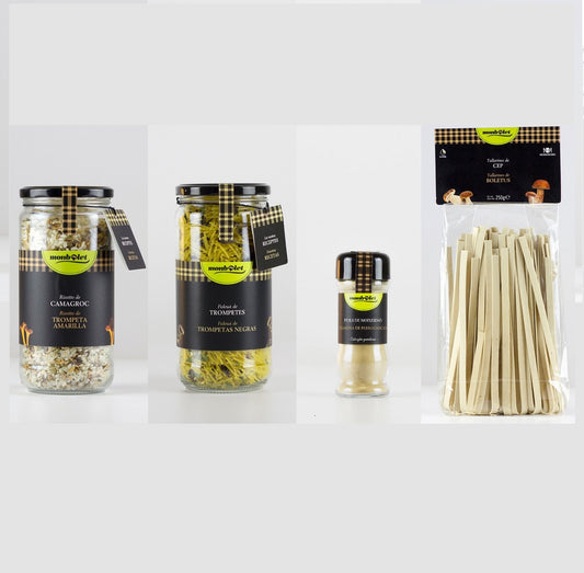 1 risotto (500gr), 1 fideuá (325 gr), 1 pote polvo de setas (20gr), 1 tallarinas (250gr) - Monbolet